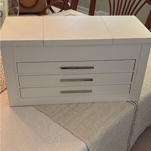 Pottery barn, jewelry box White Storage Organizer with drawers and a mirror.